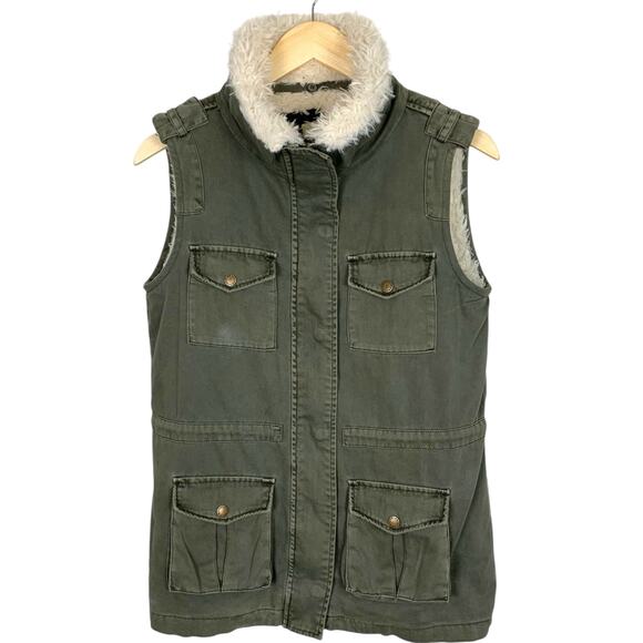 TINSEL Women's Size XS Sherpa Lined Army Green Sinch Waist Cargo Vest - Picture 1 of 12